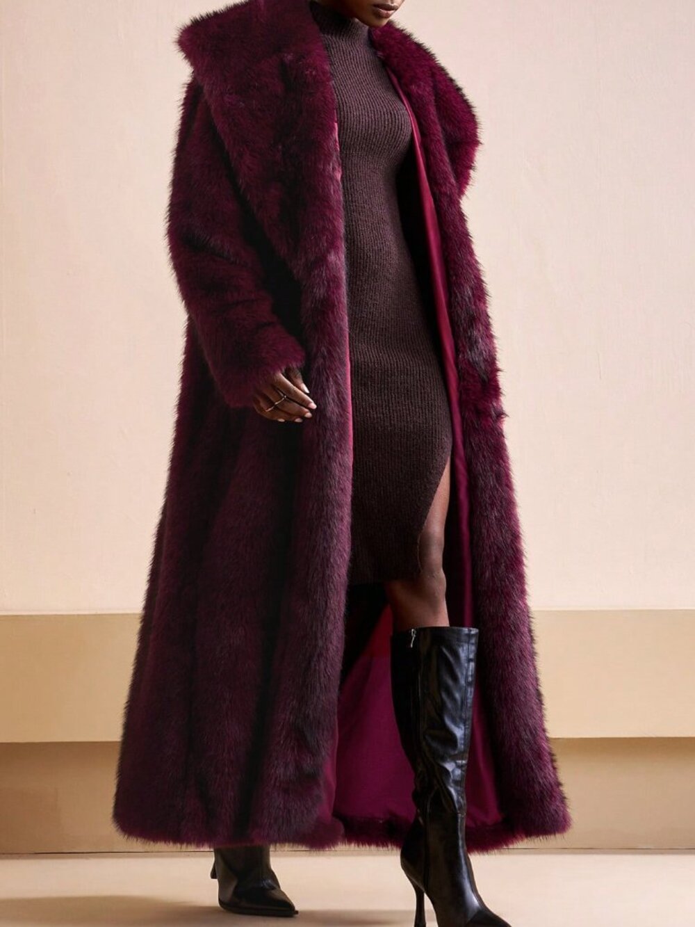 Burgundy Ombre Casual Fluffy Women's Faux Fur Parka Coat - Picture 6 of 6